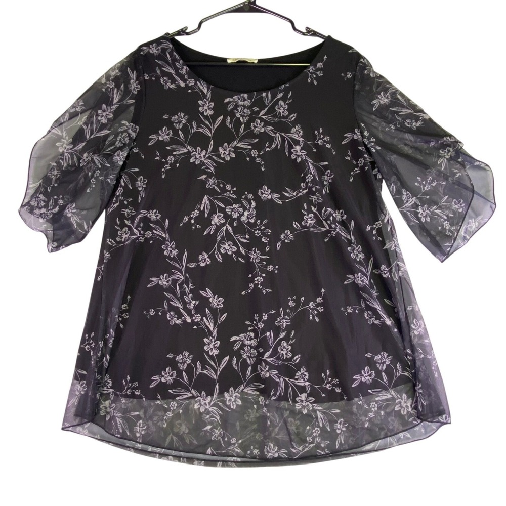 Sese Code‎ Shirt Women's XL Black Floral Sheer Mesh Overlay Tunic Flutter Sleeve